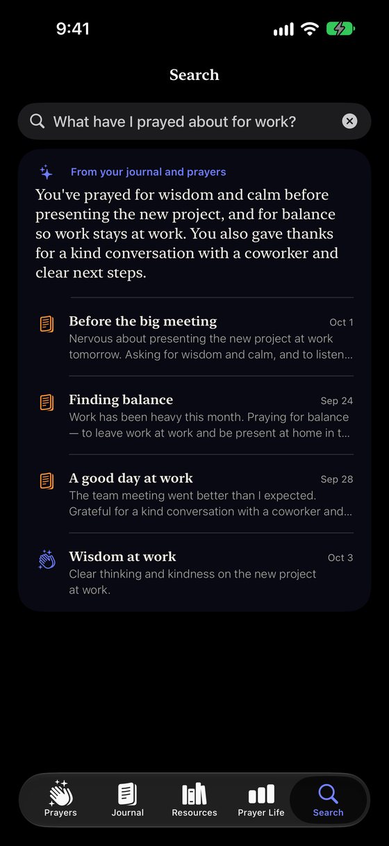 In Soek word in Engels gevra “What have I prayed about for work?” (Waaroor het ek al vir my werk gebid?), met ’n antwoord uit drie joernaalinskrywings en die gebed vir wysheid by die werk.
