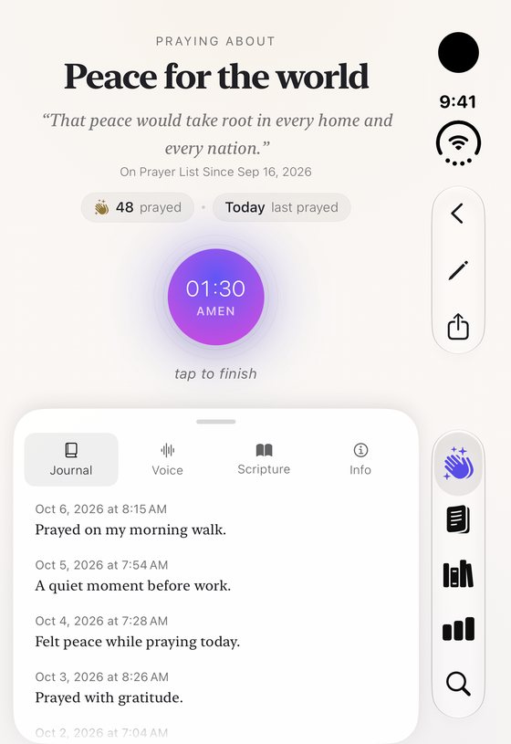 The closed iPhone Duo outer display, mid-prayer for Peace for the world: a timer at 01:30 and Amen, with the prayer’s notes below.