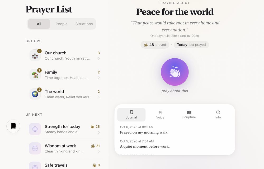 iPhone Duo layout with the Prayer List on the left, showing groups and Up Next, and the prayer Peace for the world on the right.