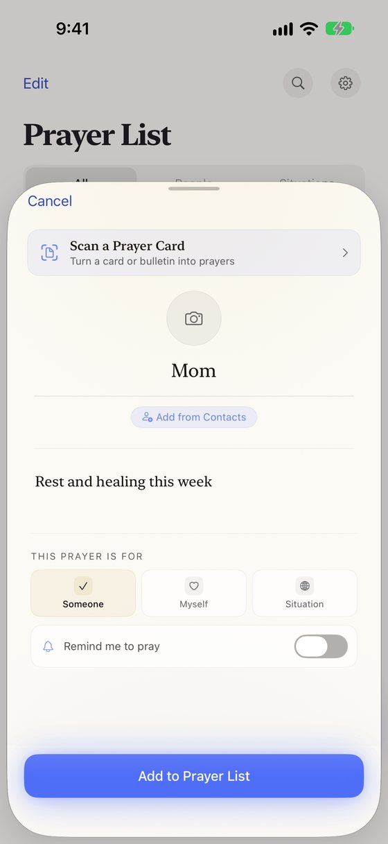 Adding a prayer for Mom: her name, the request “Rest and healing this week”, and the choice of Someone, Myself or Situation.