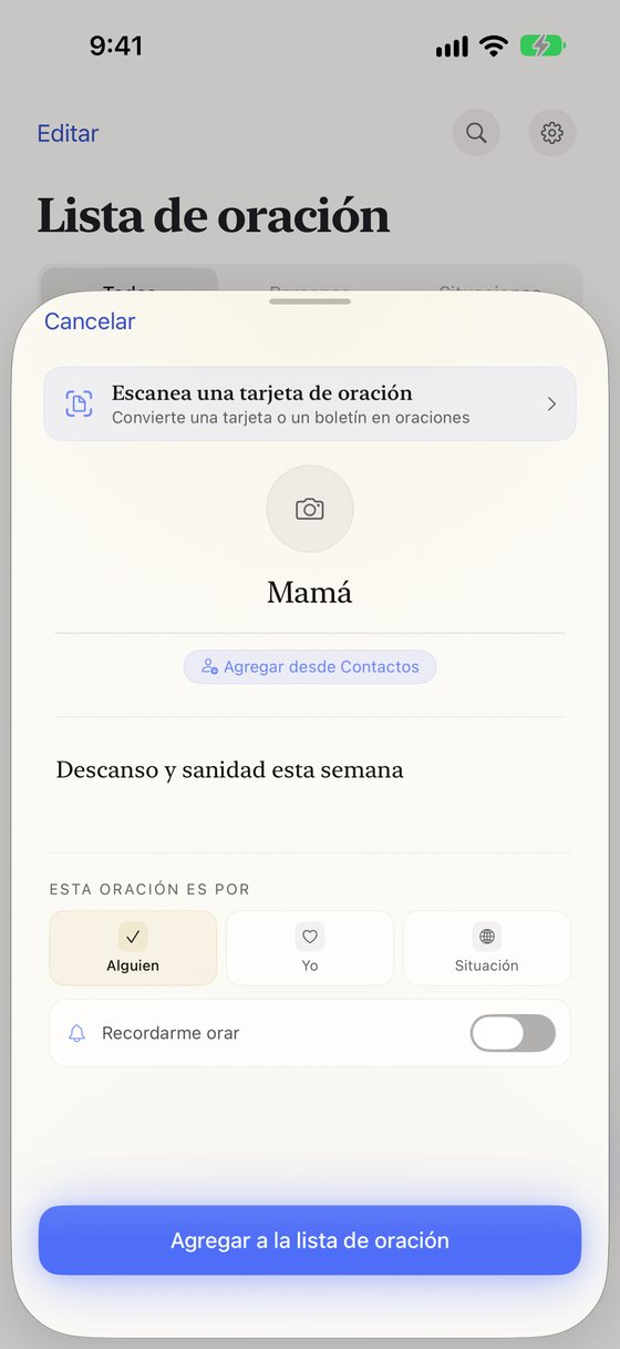 Nueva oración por Mamá: su nombre, la petición “Descanso y sanidad esta semana” y las opciones Alguien, Yo o Situación.