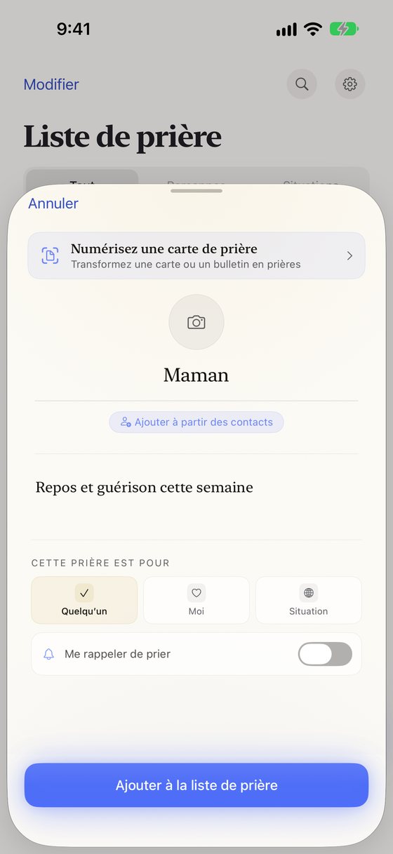 Ajout d’une prière pour Maman : son nom, la demande « Repos et guérison cette semaine » et le choix entre Quelqu’un, Moi ou Situation.