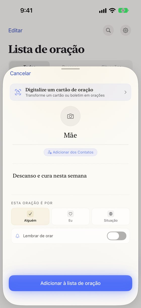 Adicionando uma oração pela Mãe: o nome, o pedido “Descanso e cura nesta semana” e a escolha entre Alguém, Eu ou Situação.
