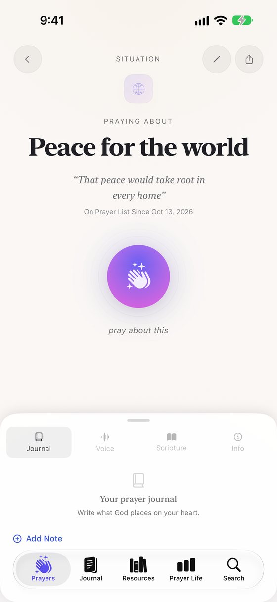 The PrayerList Pro prayer page for Peace for the world, with the glowing pray button ready to begin.