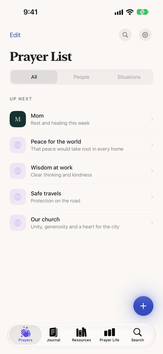 A prayer list with Mom, Peace for the world, Wisdom at work, Safe travels and Our church, each with a short request.