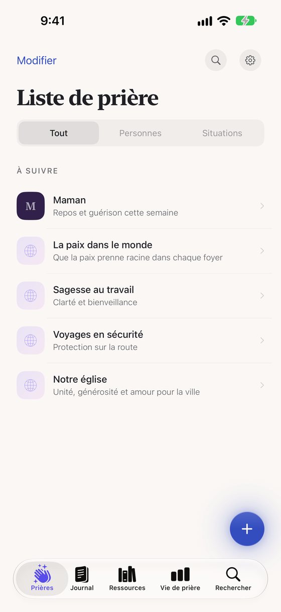 Une liste de prière avec Maman, La paix dans le monde, Sagesse au travail, Voyages en sécurité et Notre église, chacune avec une courte demande.