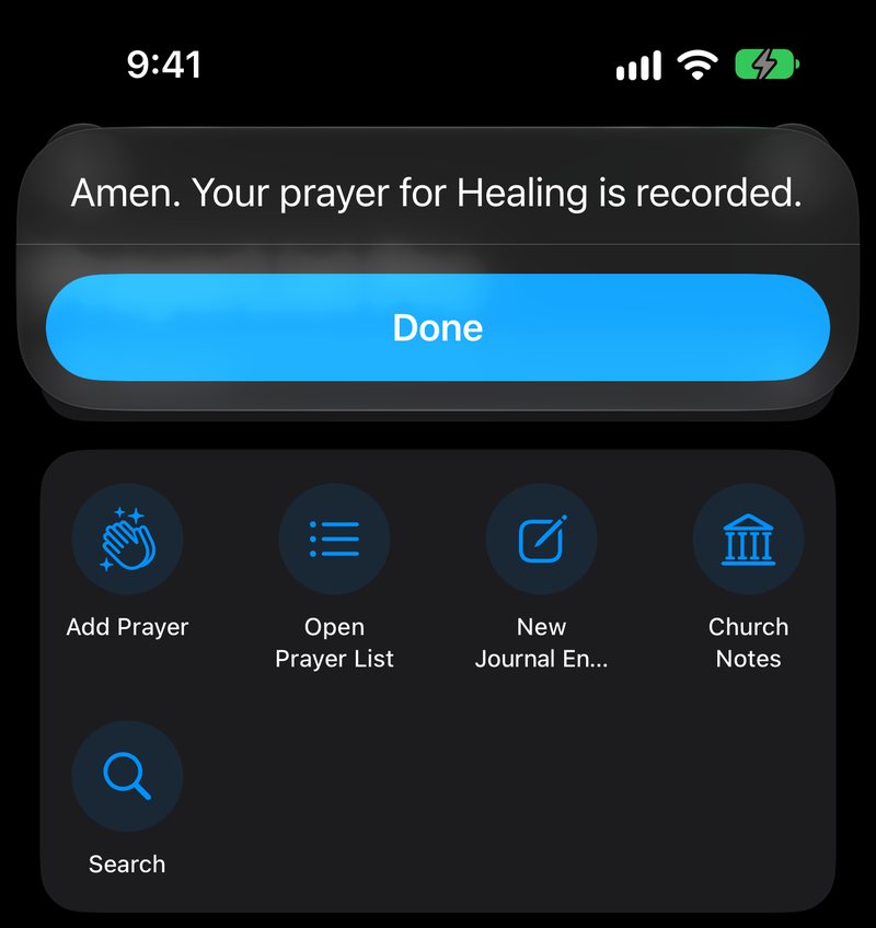 Die kortpad “I Prayed” (Ek het gebid) bevestig in Engels: “Amen. Your prayer for Healing is recorded.” (Amen. Jou gebed vir Genesing is aangeteken.) Daaronder is PrayerList Pro se kortpaaie.