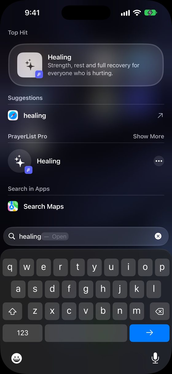 ’n Spotlight-soektog na “healing” (genesing) wys die gebed “Healing” uit PrayerList Pro as die eerste resultaat.